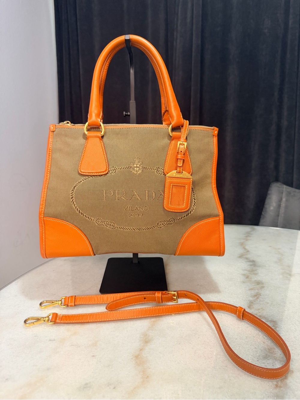Prada Saffiano-Trimmed Canvas Canapa Logo Double Zip Satchel